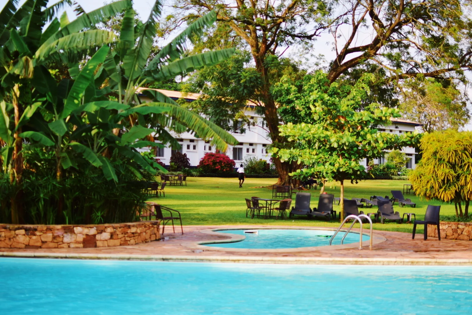 Swimming pool with lounge chairs, surrounded by lush green trees and plants, with a grassy area and a building in the background at Mount Elgon Hotel in Mbale, Uganda.