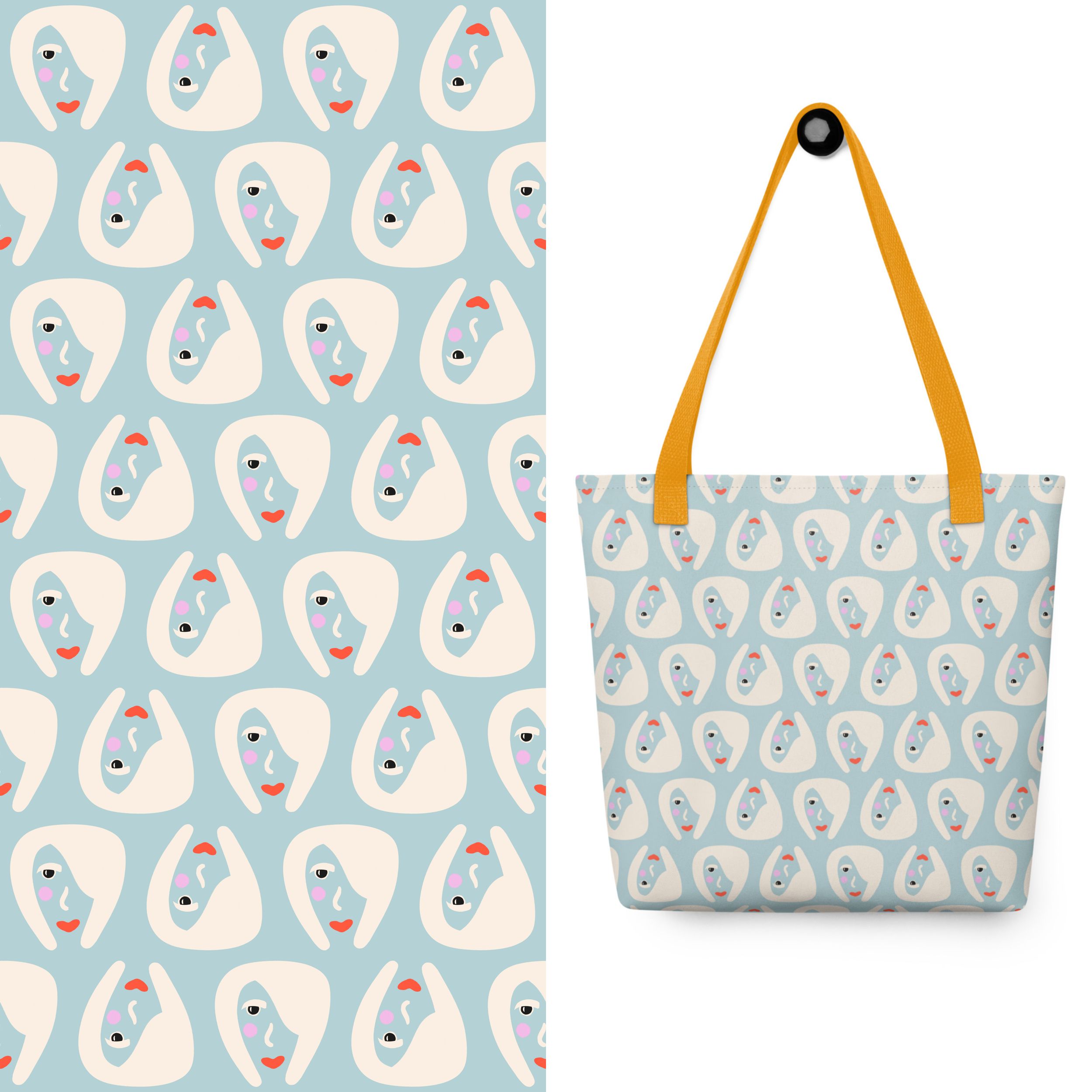 Pattern of abstract faces with cream-colored shapes, red lips, purple cheeks, and blue eyes on a light blue background, displayed on a tote bag.