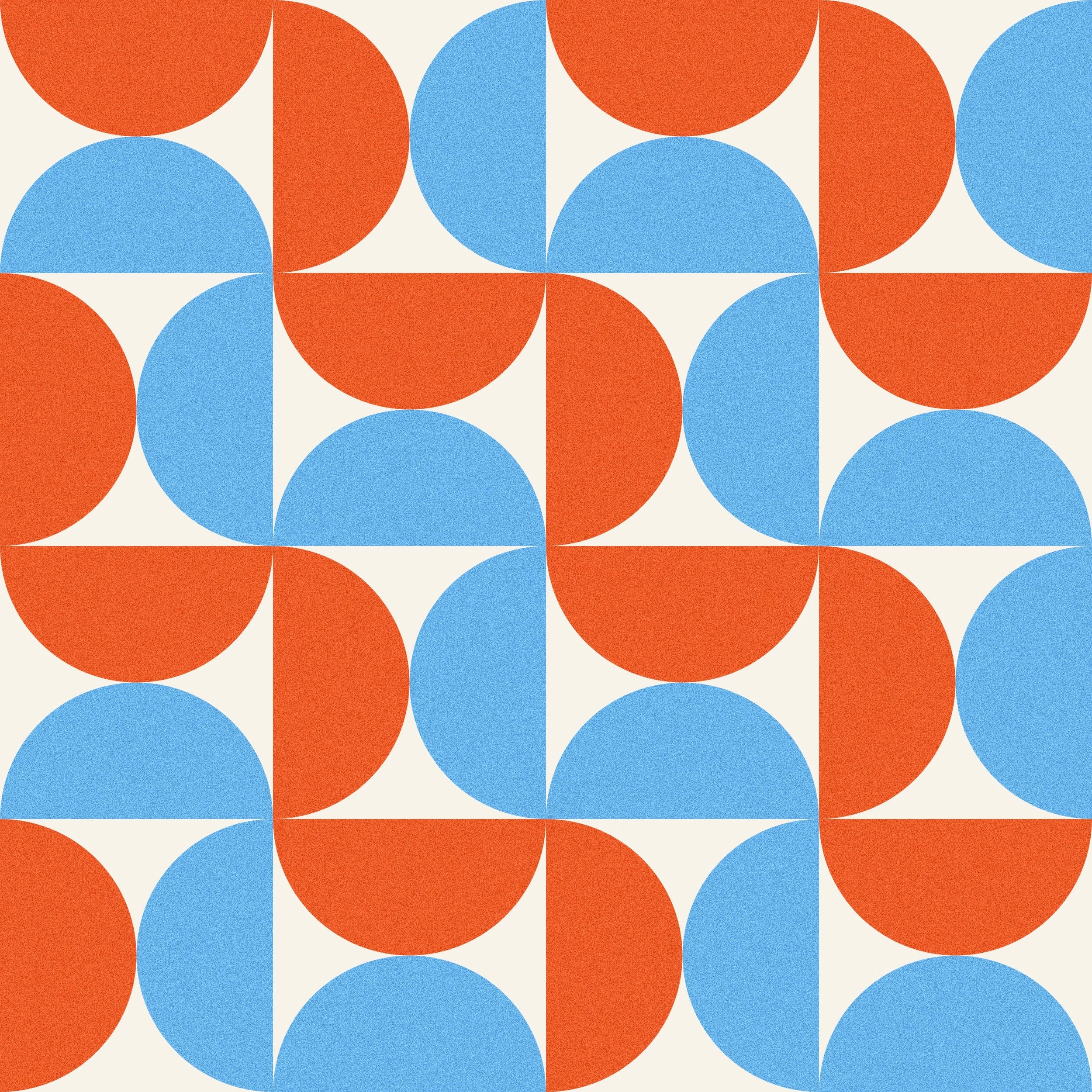 Pattern of orange and blue semi-circles and quarter-circles arranged in a geometric grid on a cream background.