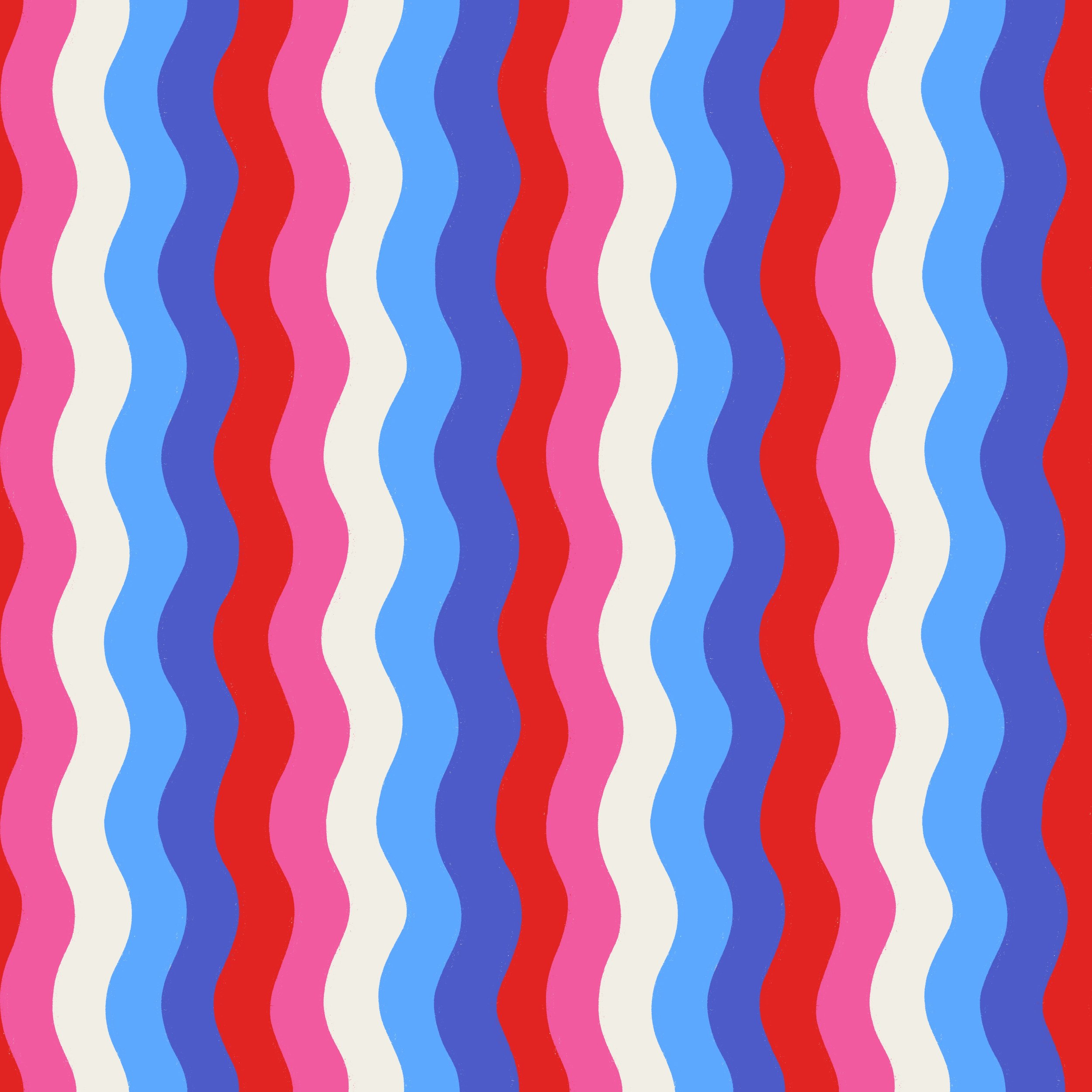 Pattern of vertical wavy stripes in red, blue, pink, cream, and white.