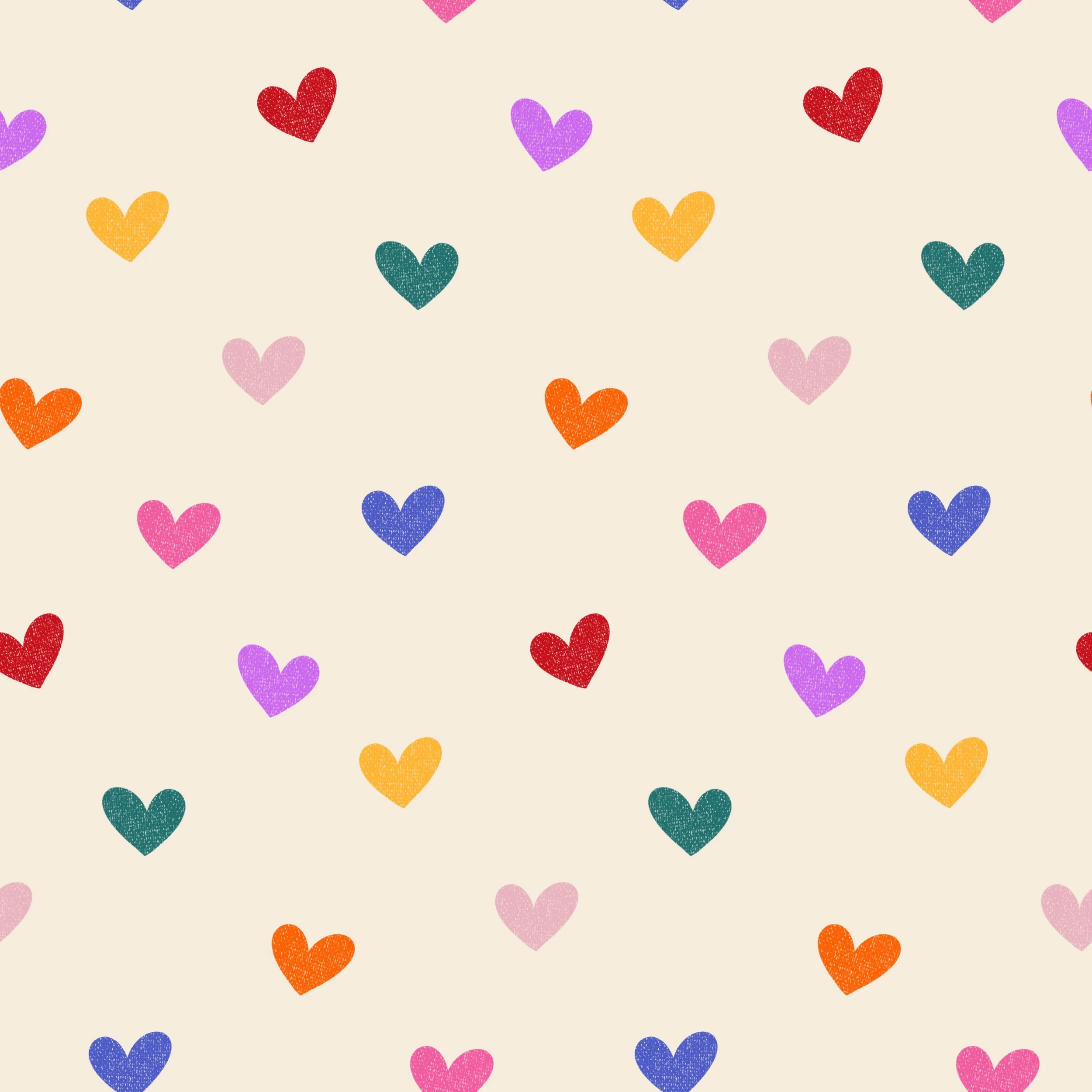Pattern of colorful hearts on a beige background