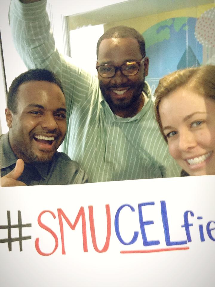 from Bailey: "our office is the Community Engagement & Leadership Center (CEL for short), so we take "CELfies" with the students. In this pic are two of my work BFFs, Rashad and Steve."
