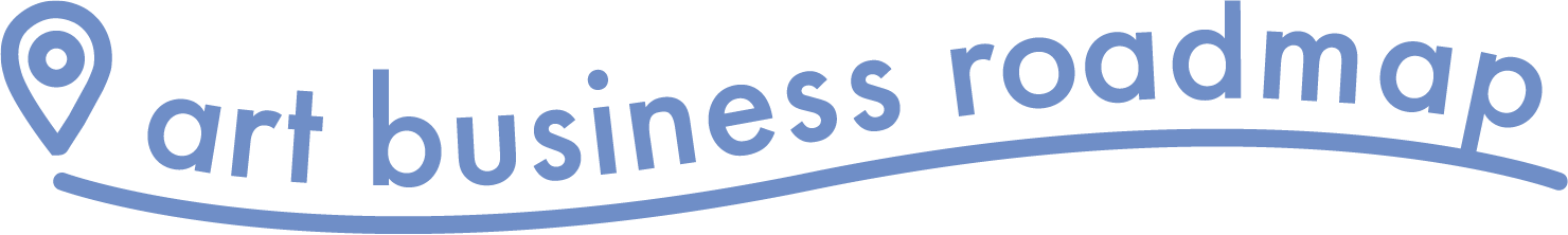 Text-based image with company name 'art business roadmap' and a location pin icon, in blue font.