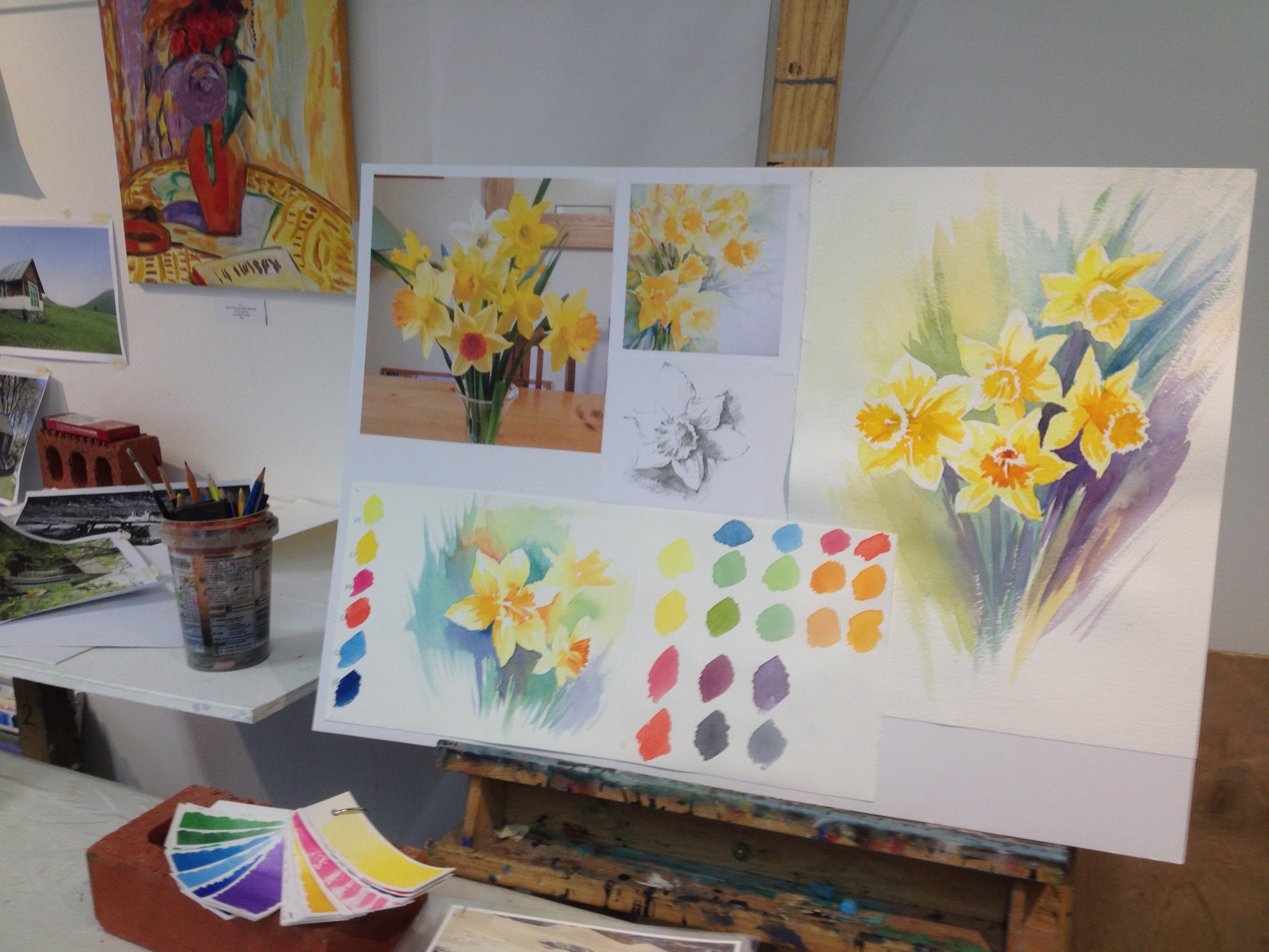 Daffodils in watercolour teaching board