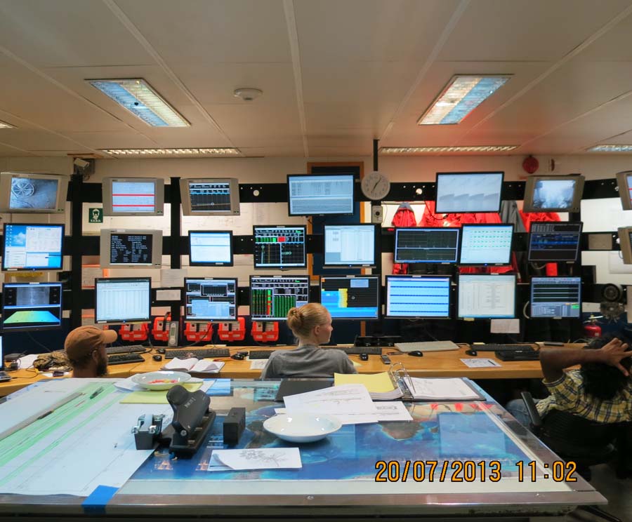 An up close view of the numerous computer screens in the main lab