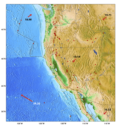 Tectonic map of western North America. Background colors indicate elevation from ETOPO1 . Red triangles are Quaternary to recent volcanoes from the Smithsonian Global Volcanism Project . White upside-down triangle indicate seismometers from the Global Seismographic Network (GSN). Red vectors indicate relative plate motion calculated with the UNAVCO Plate Motion Calculator.