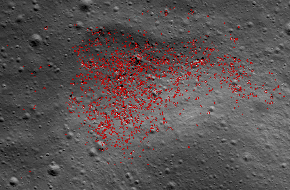 Example of picking boulders in satellite images of the Moon. The image is ~ 500 m across and comes from the lunar region called Compton-Belkovich . Image was taken as a part of the Lunar Reconnaissance Orbite r mission. 