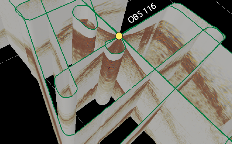Example using OpendTect for refraction arrival picking. Green lines show the map view projection of all the lines that we collected data along. Yellow dot shows location of OBS 116 which is the instrument used for the receiver gather being shown. 