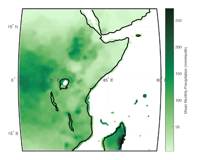 Example of mean monthly precipitation displayed over East Africa using the NetCDF functions in Matlab. 