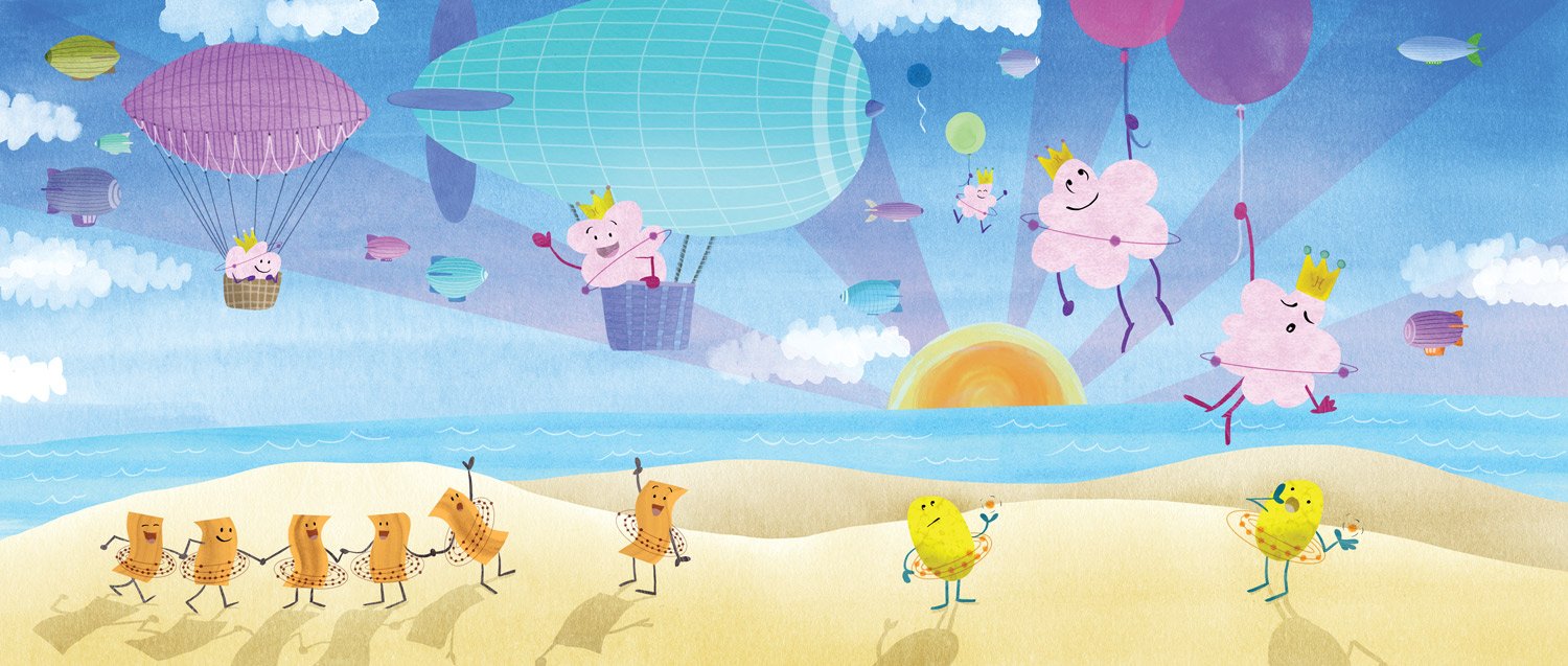 Several hot air balloons and dirigibles driven by Helium atoms float over a beach at sunset. A group of Copper atoms holding hands and two Sodium atoms comment at the beautiful sight.