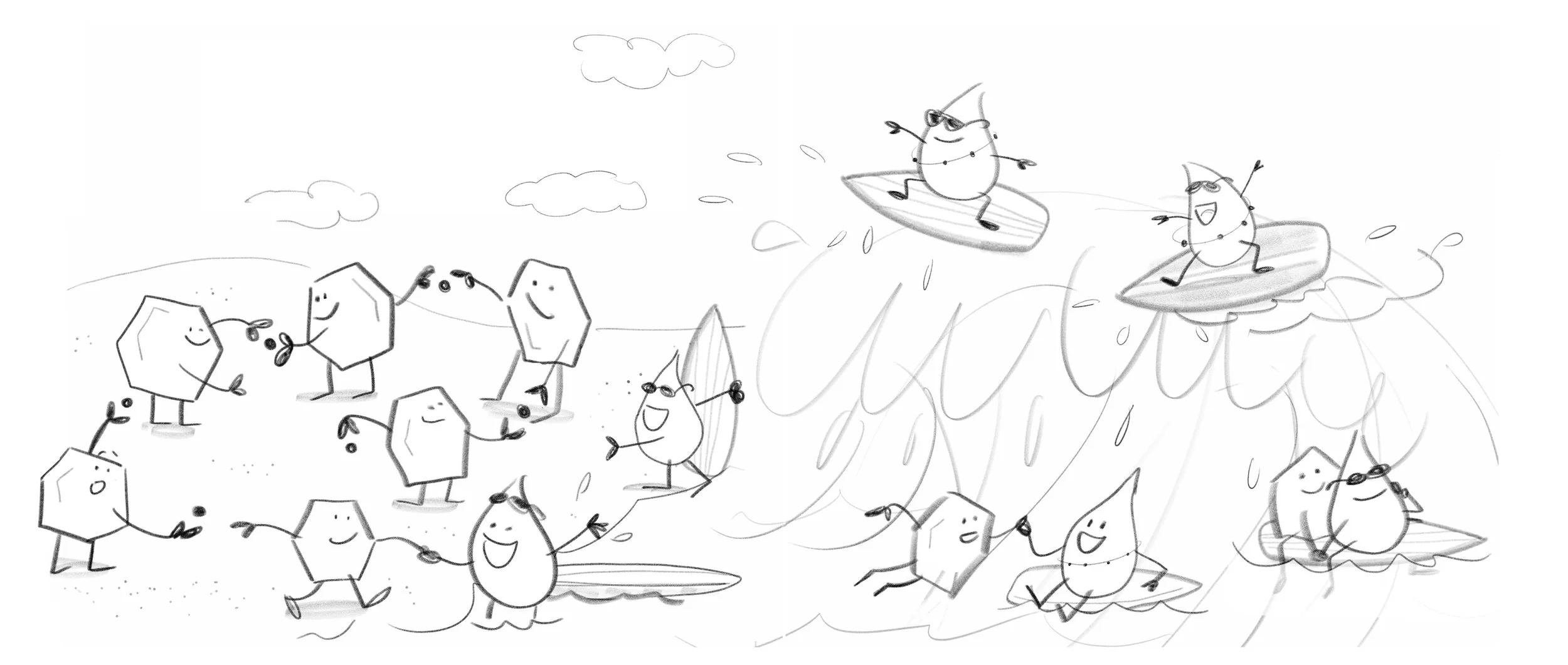A black and white sketch of a group of atoms on surfboard and others on the beach.
