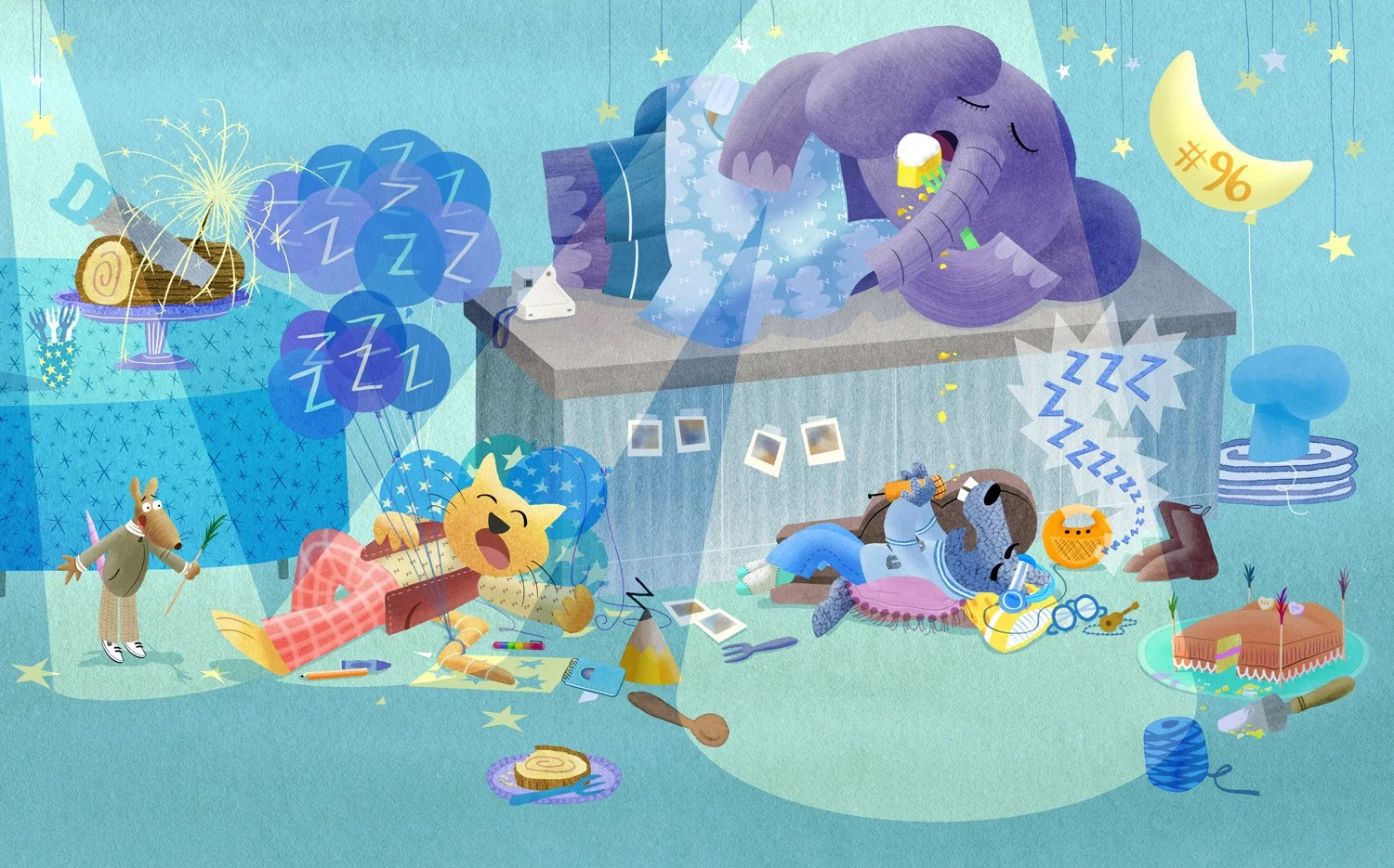 The Party Animals asleep in a kitchen, surrounded by sleep-themed cakes, and party favors, while Horace exclaims.