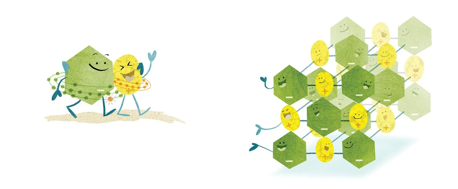 Chlorine and Sodium atoms walk toward a large group of their kin, that joined to create a large salt molecule.