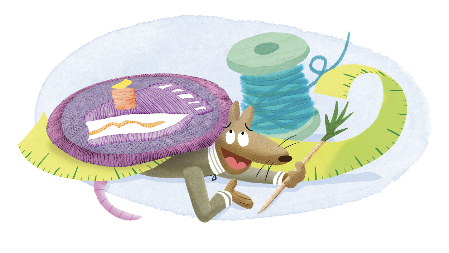 Horace, on the floor underneath a cake patch and measuring tape, explains something to his friends.