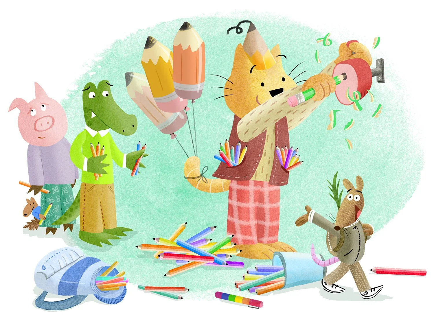 Theodore, the cat is at the classroom pencil sharpener, with way too many pencils, while a line of his classmates builds behind him.
