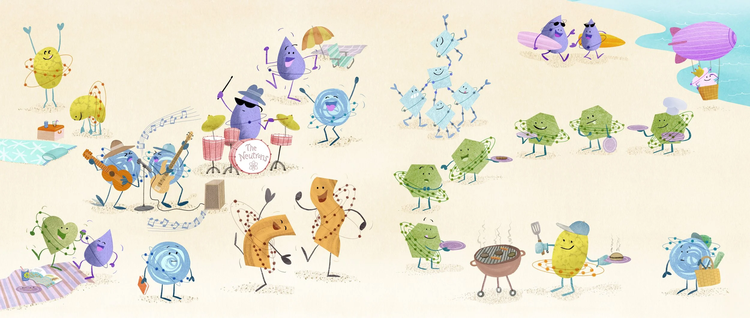Multi-colored atoms enjoy a beach party by playing music, dancing, and lining up for a cookout.