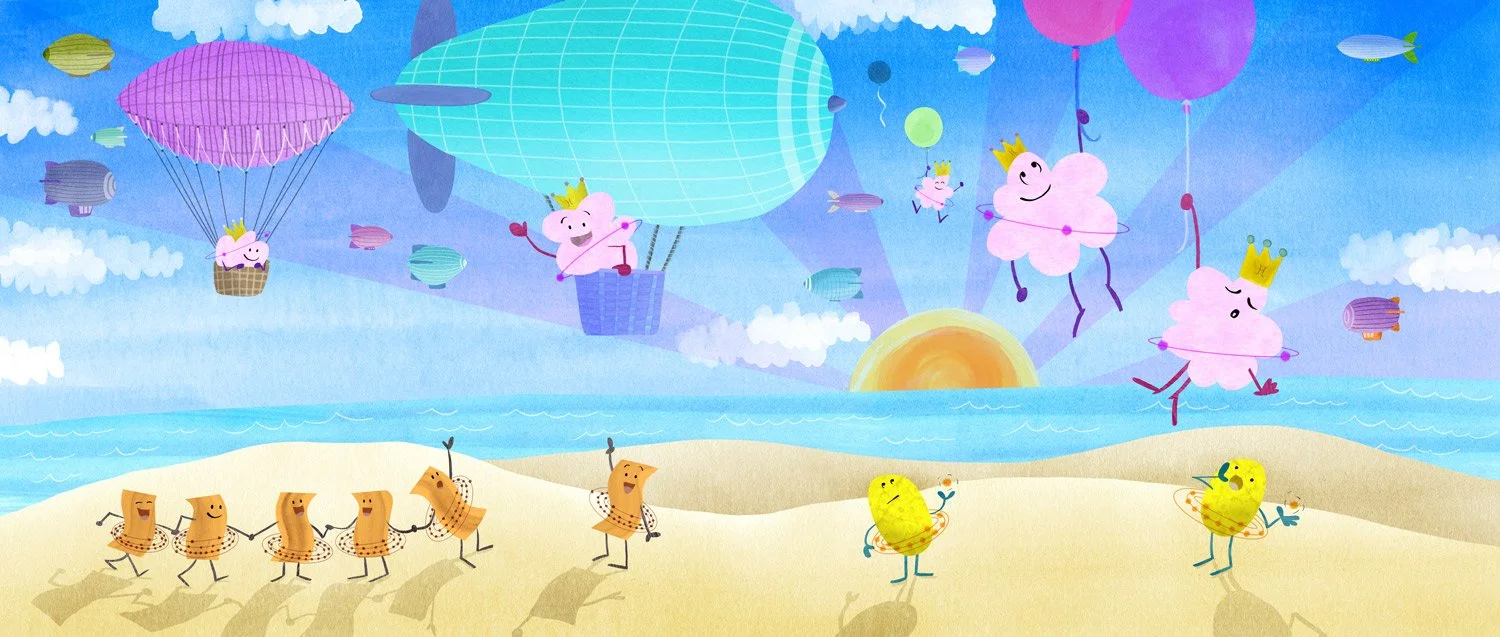 Dirigibles with atoms float over a beach at sunset.