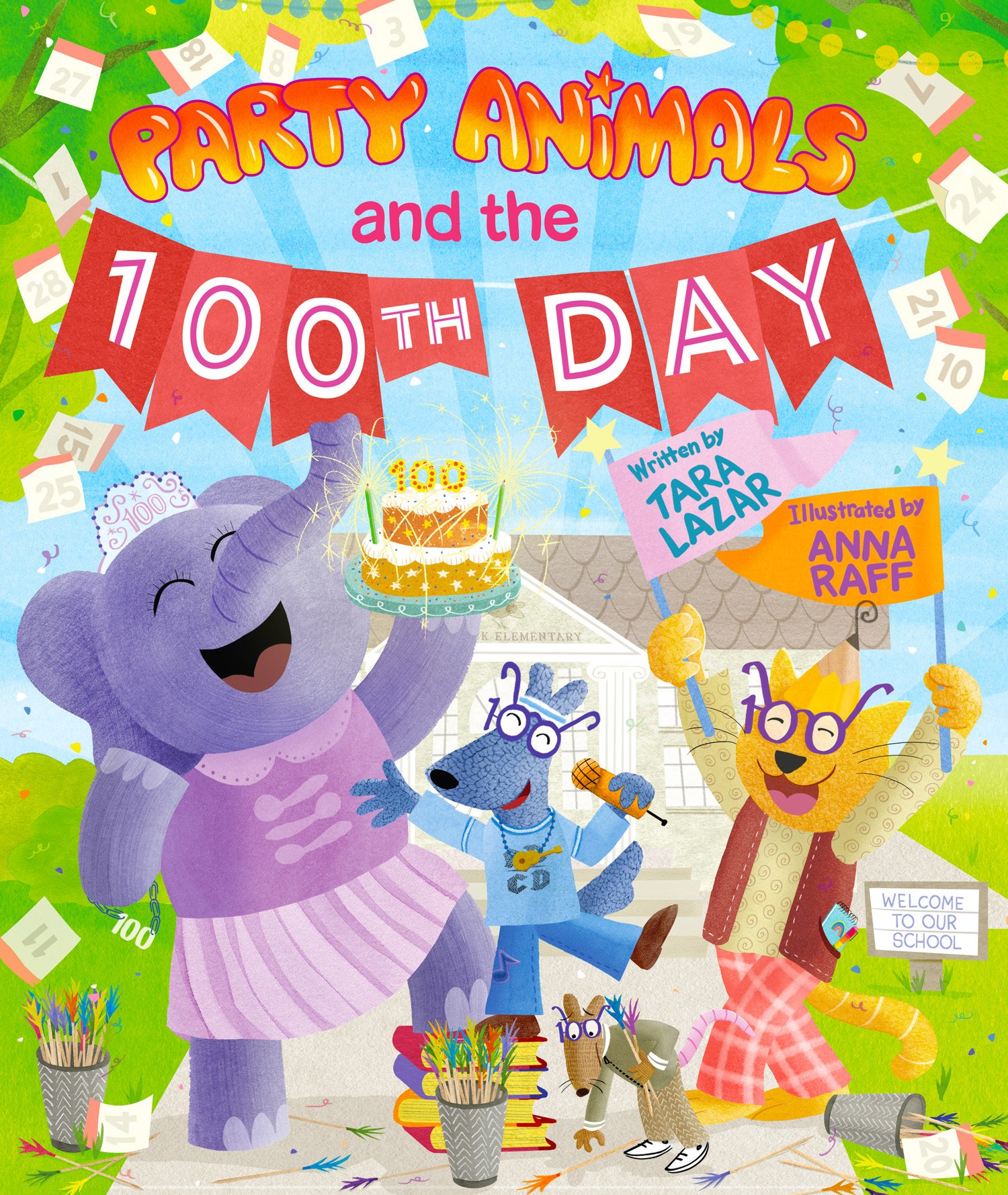 Bea the elephant, Phoebe the dog and Theo the cat celebrate in front of their school building, while Horace picks up scattered toothpicks.