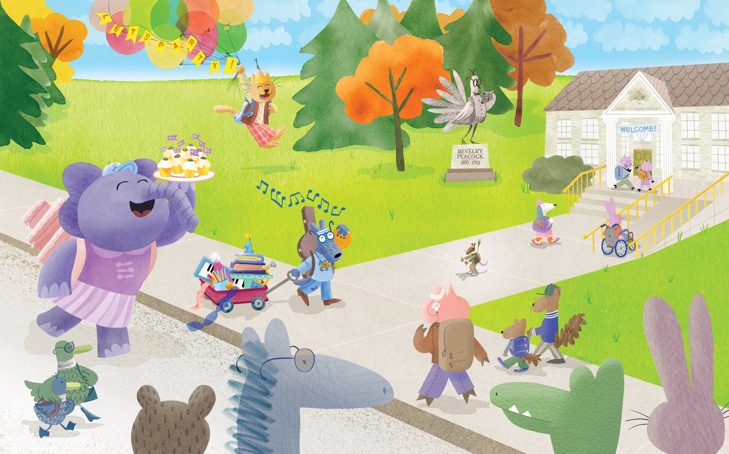 The Party Animals arrive at school with their other animal friends and parents.