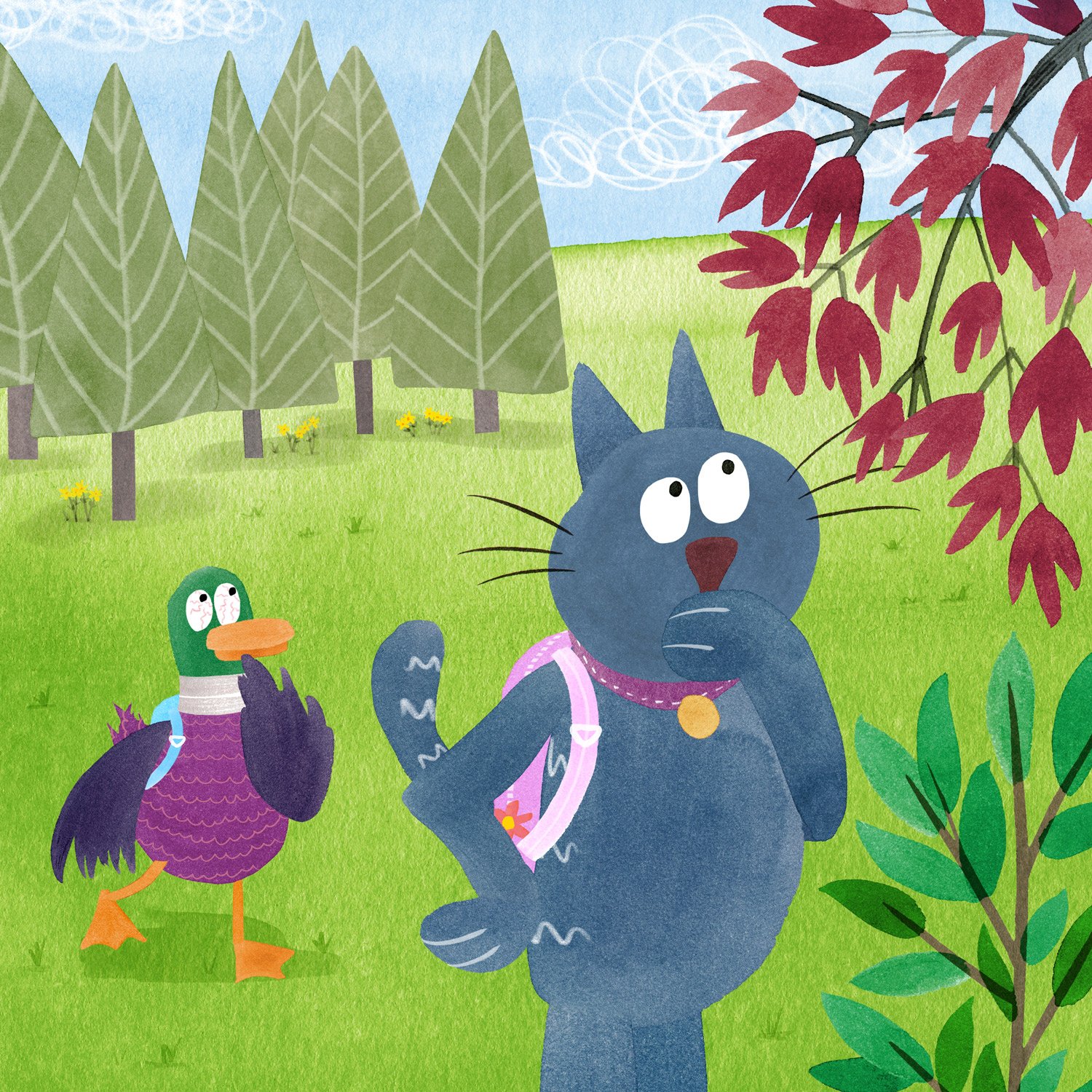Cat searches for a remedy while Duck looks on.