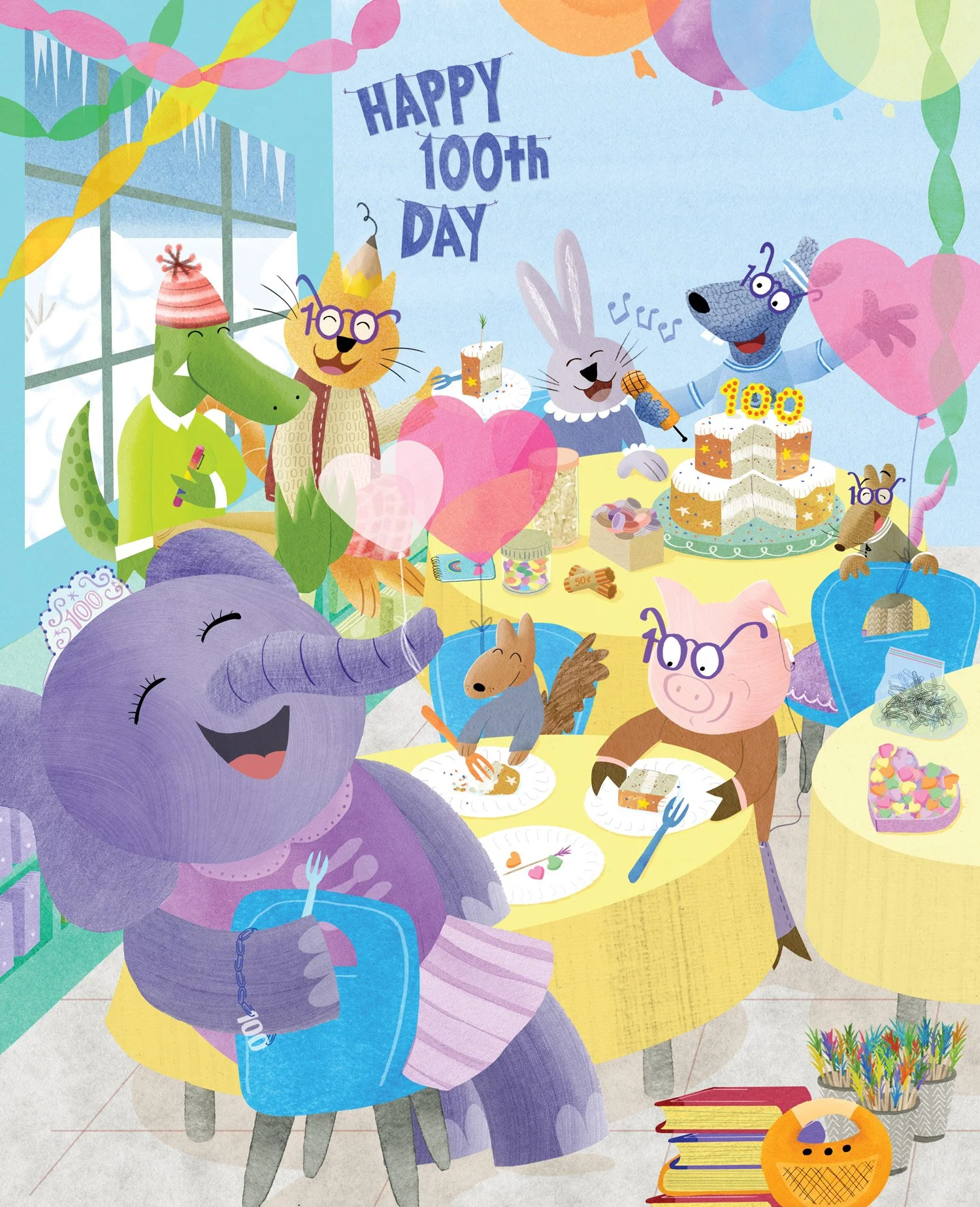 The Party Animals and their school friends celebrate in the classroom.