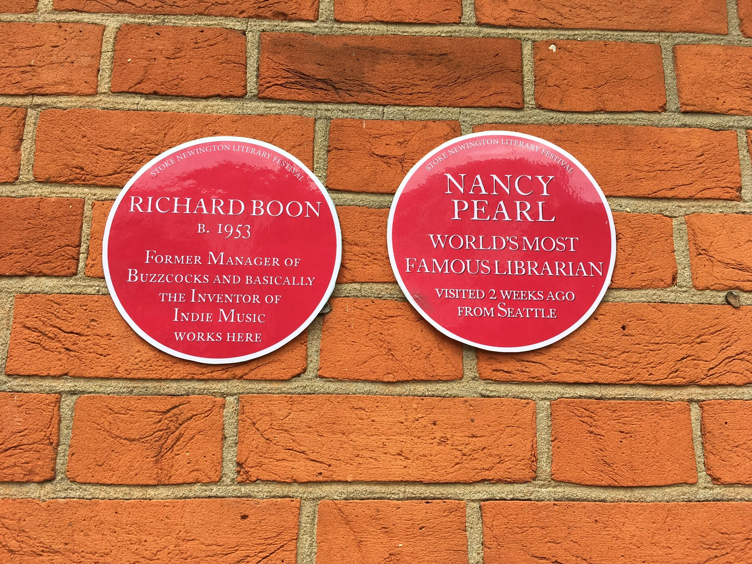  Richard Boon, Nancy Pearl - featured in the Stoke Newington Literary Festival's Pink Plaques Trail,&nbsp;2017 
