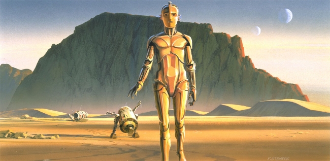 Original concept art by Ralph McQuarrie: Note the vast landscape, the almost overwhelming space that creates a sense of foreboding. R2D2 and C3PO aren't quite the same as we know them in this painting. This image of R2 actually inspired the driod 'Chopper' in Star Wars: Rebels television series.