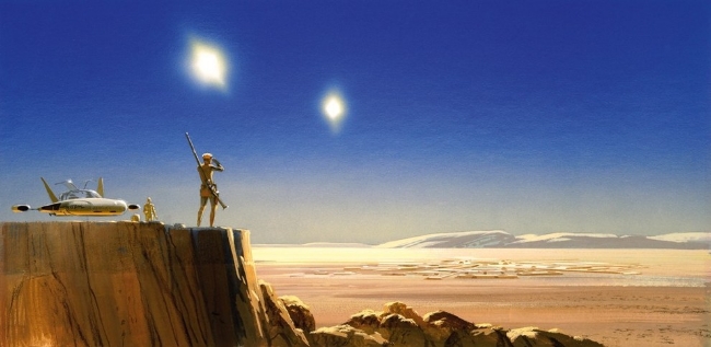 Looking over Mos Eisley Spaceport... again, a sense of space is key, the McQuarrie juxtaposes the size of the figure against a vast landscape and adds two suns, to keep the viewer off balance.