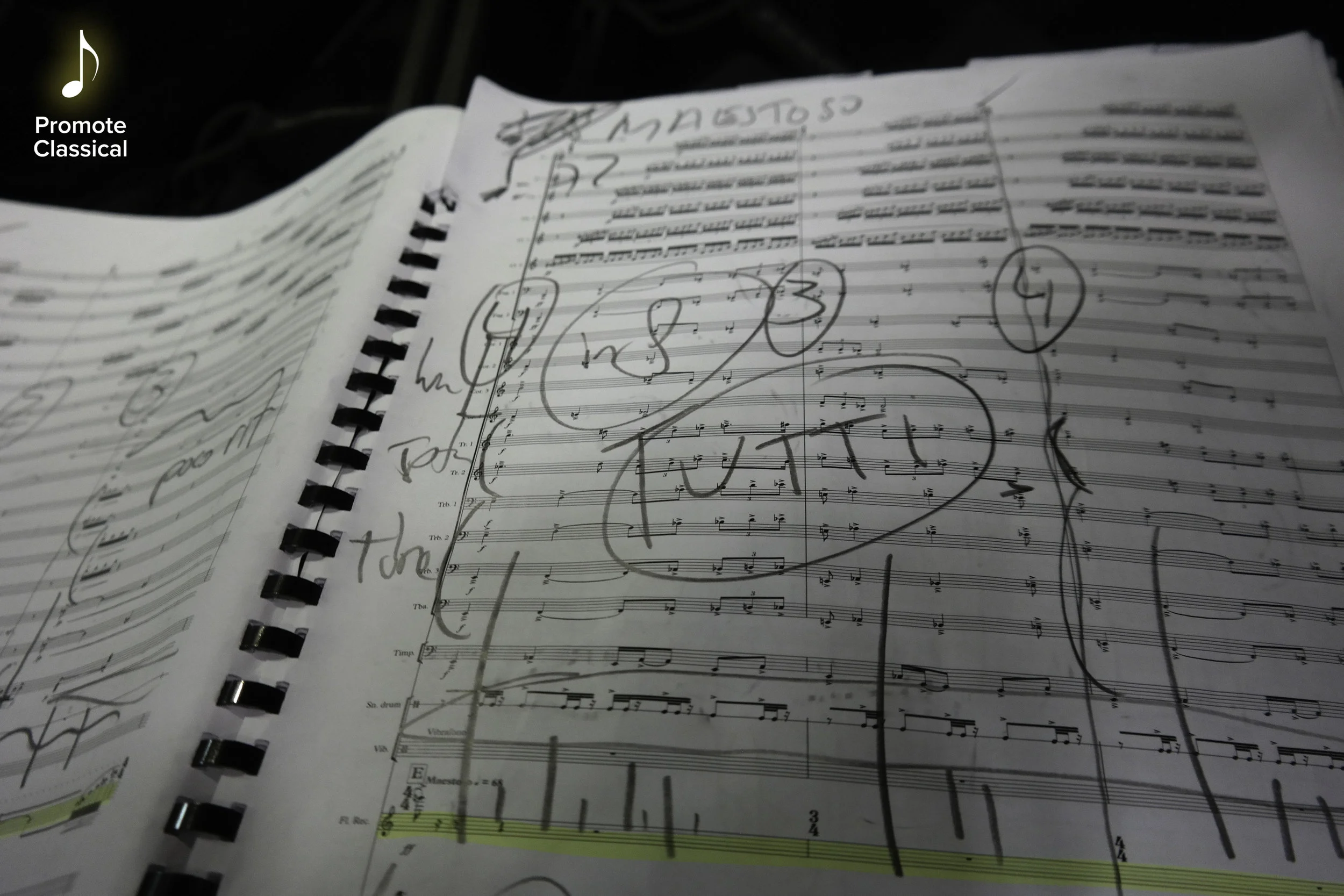 A page from the conductor's score of Vito's Recorder Concerto, annotated by Gävle Symfoniorkester's artistic director and conductor Jaime Martin.