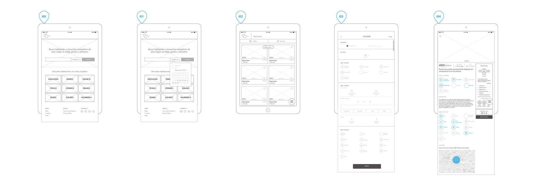 Wireframes of the iPad version of the website