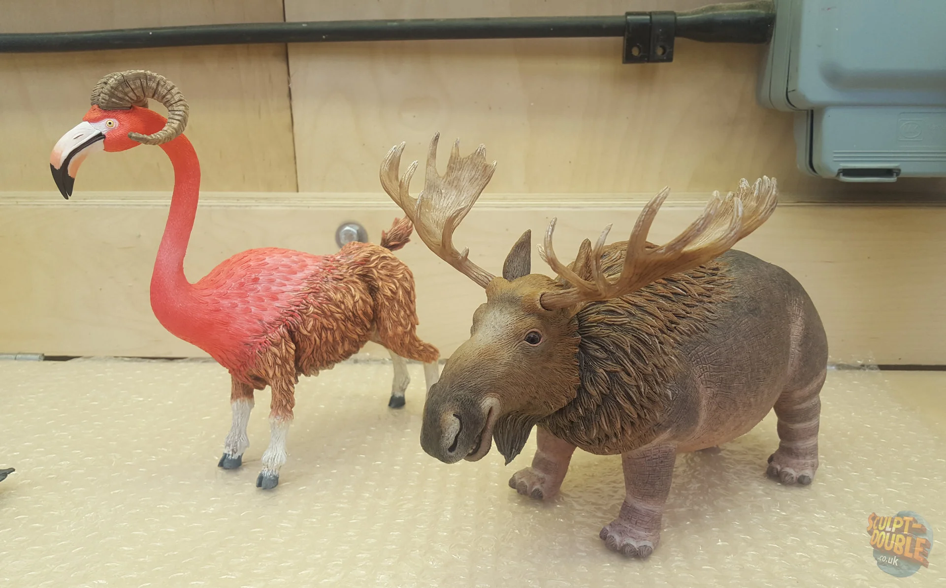 Finished Hippopotamoose and Flamingoat puppets. by Joshua Flynn