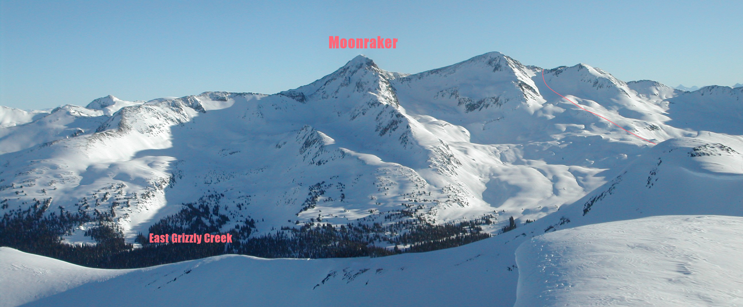 Moonraker west face. Descent route shown in red.