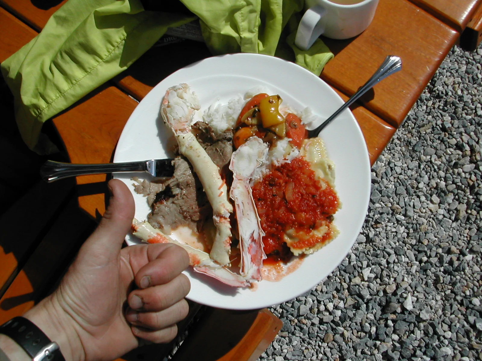 Yep, that's crab and homemade pasta. Oh, there's a bit of Prime Rib in there as well.