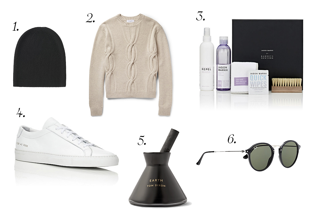 Pictured Above: 1. Uniqlo cashmere beanie . 2. Enlist Cable-Knit Merino Wool Sweater . 3. Jason Markk Shoe Cleaning Kit . 4. Common Projects Achilles Low-Top Sneakers . 5. Tom dixon earth charcoal scent diffuser . 6. Ray-ban icons sunglasses.