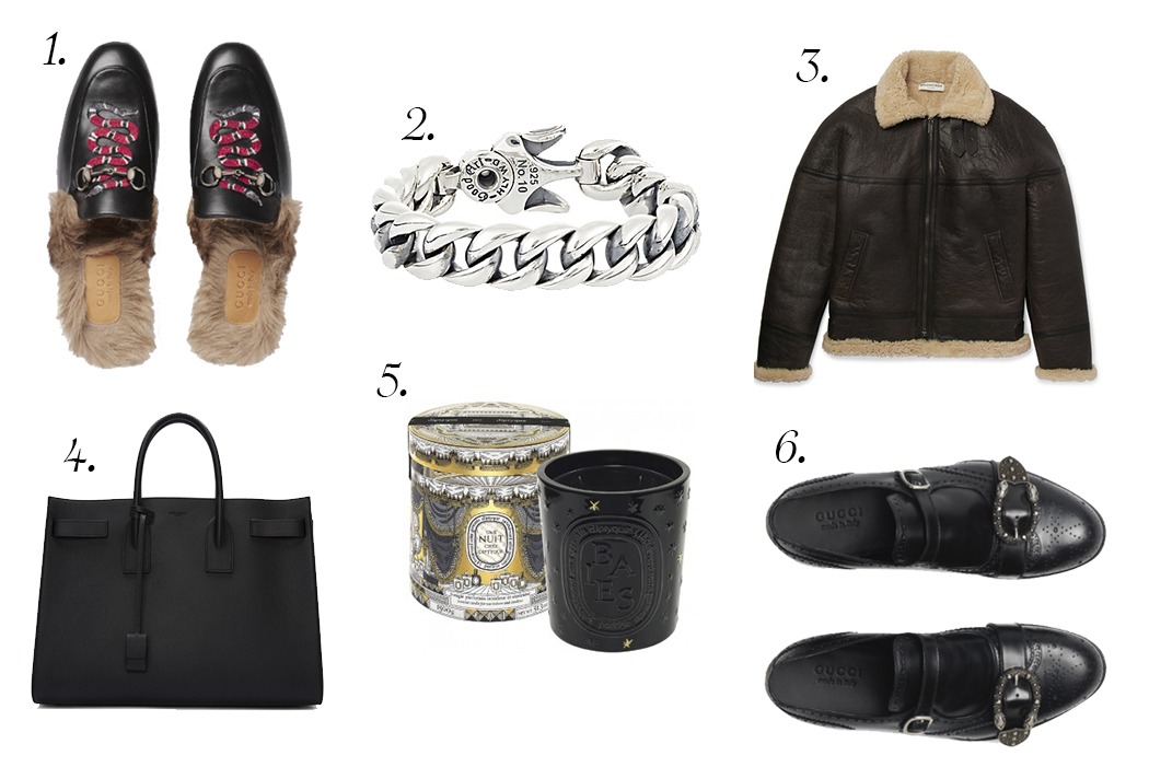 PICTURED ABOVE: 1. GUCCI PRINCETOWN LEATHER SLIPPERS WITH SNAKE . 2. GOOD ART HLYWD HEAVY CURB CHAIN BRACELET . 3. BALENCIAGA OVERSIZED SHEARLING AVIATOR JACKET . 4. SAINT LAURENT BLACK LARGE SAC DE JOUR TOTE . 5. DIPTYQUE BAIES HOLIDAY CANDLE . 6. GUCCI MONK STRAP SHOES WITH BROGUEING.