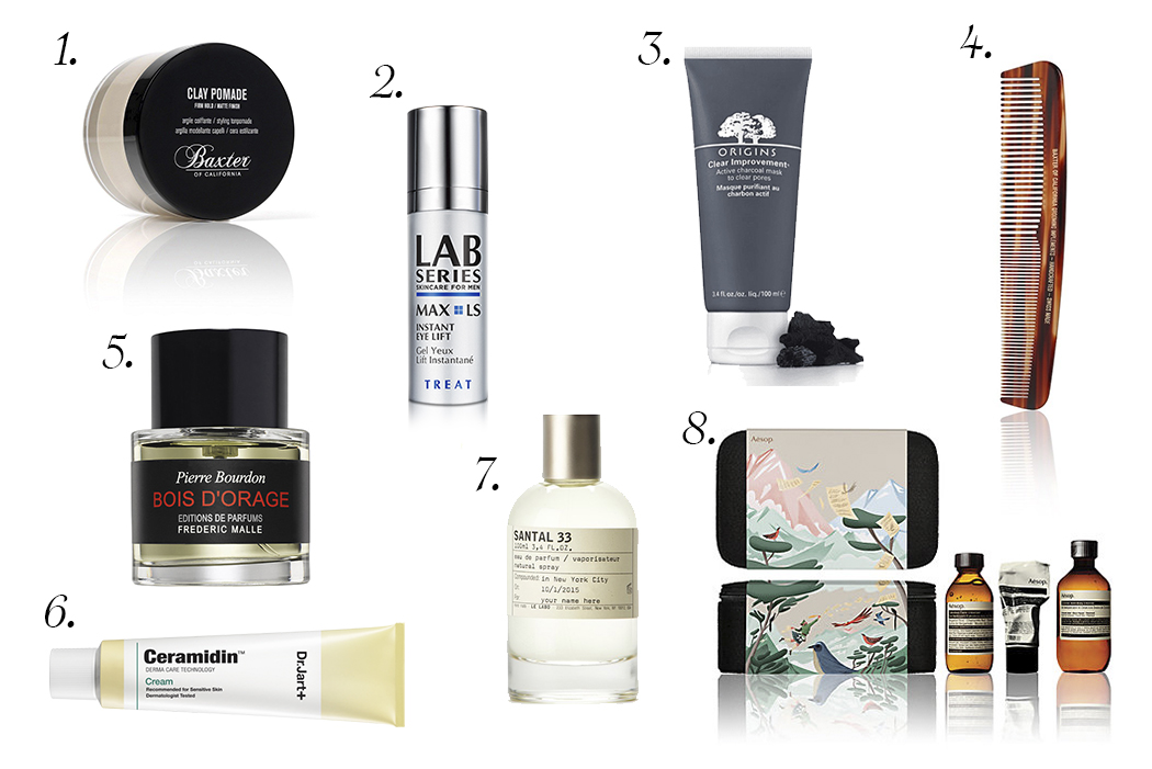 PICTURED ABOVE: 1. BAXTER CLAY HAIR POMADE. 2. LAB SERIES MAX LS INSTANT EYE LIFT. 3. ORIGINS CHARCOAL MASK . 4. BAXTER LARGE COMB . 5. FREDERIC MALLE BOIS D’ORAGE PARFUM . 6. DR. JART CERAMIDIN CREAM. 7. LE LABO S ANTAL 33 EAU DE PARFUM . 8. AESOP THE INTREPID GENT KIT.