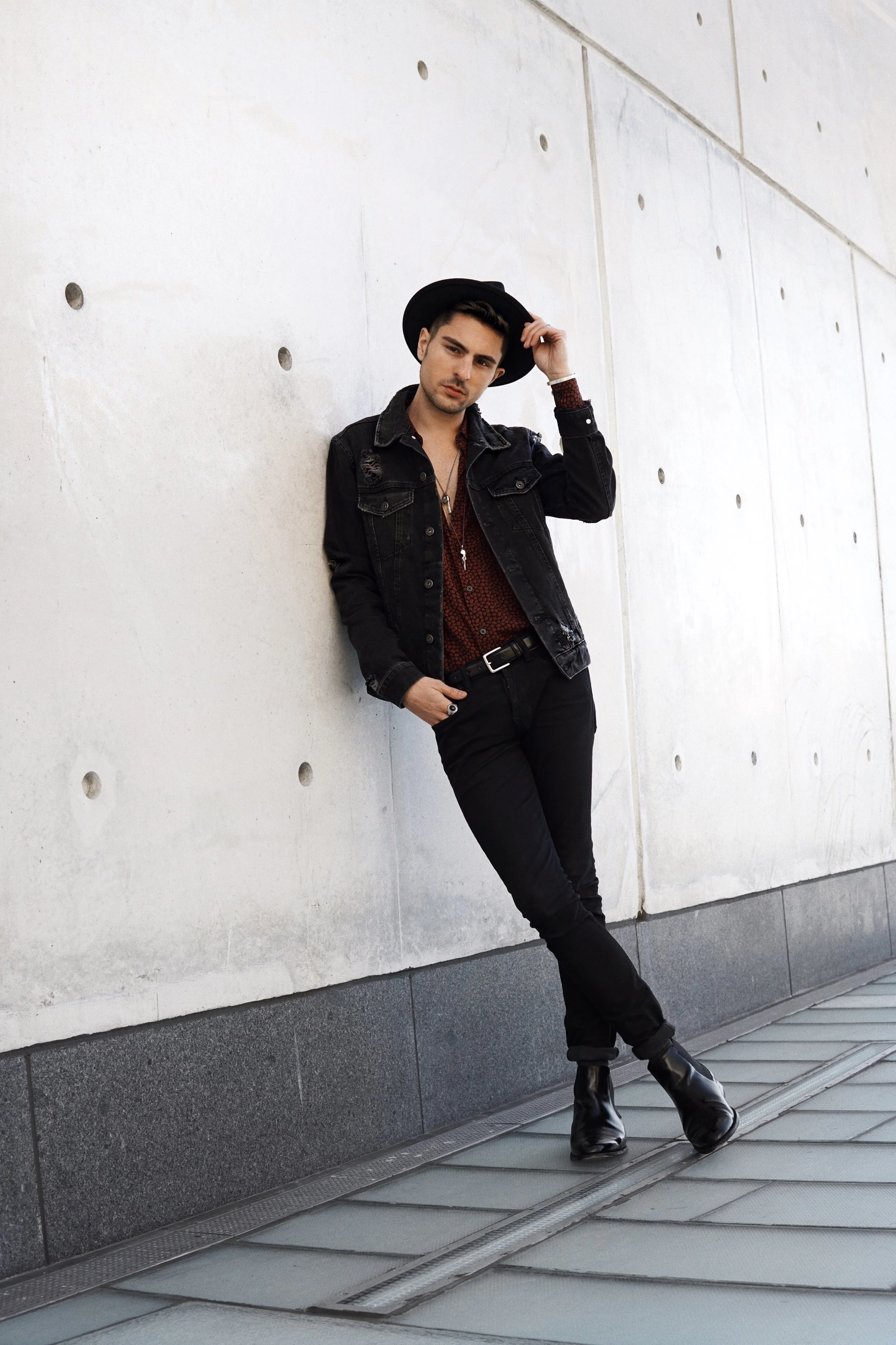 PICTURED ABOVE: 1. TOPMAN BLACK DENIM JACKET . 2. TOPMAN JIGSAW PRINT SHIRT . 3. WINDSOR SMITH STOCKMAN BOOTS . 4. GOORIN BROS THE DOCTOR FEDORA .