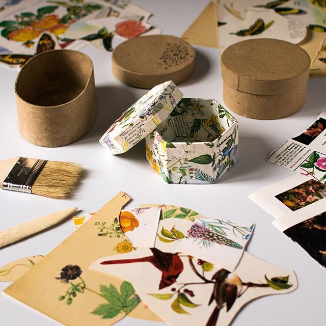 I&rsquo;m decoupaging my lot of empty cardboard gift boxes with vintage floral paper. To me, conscious creativity involves exploring the full use of materials in your possession, religiously auditing to see what among them no longer serve your path, 