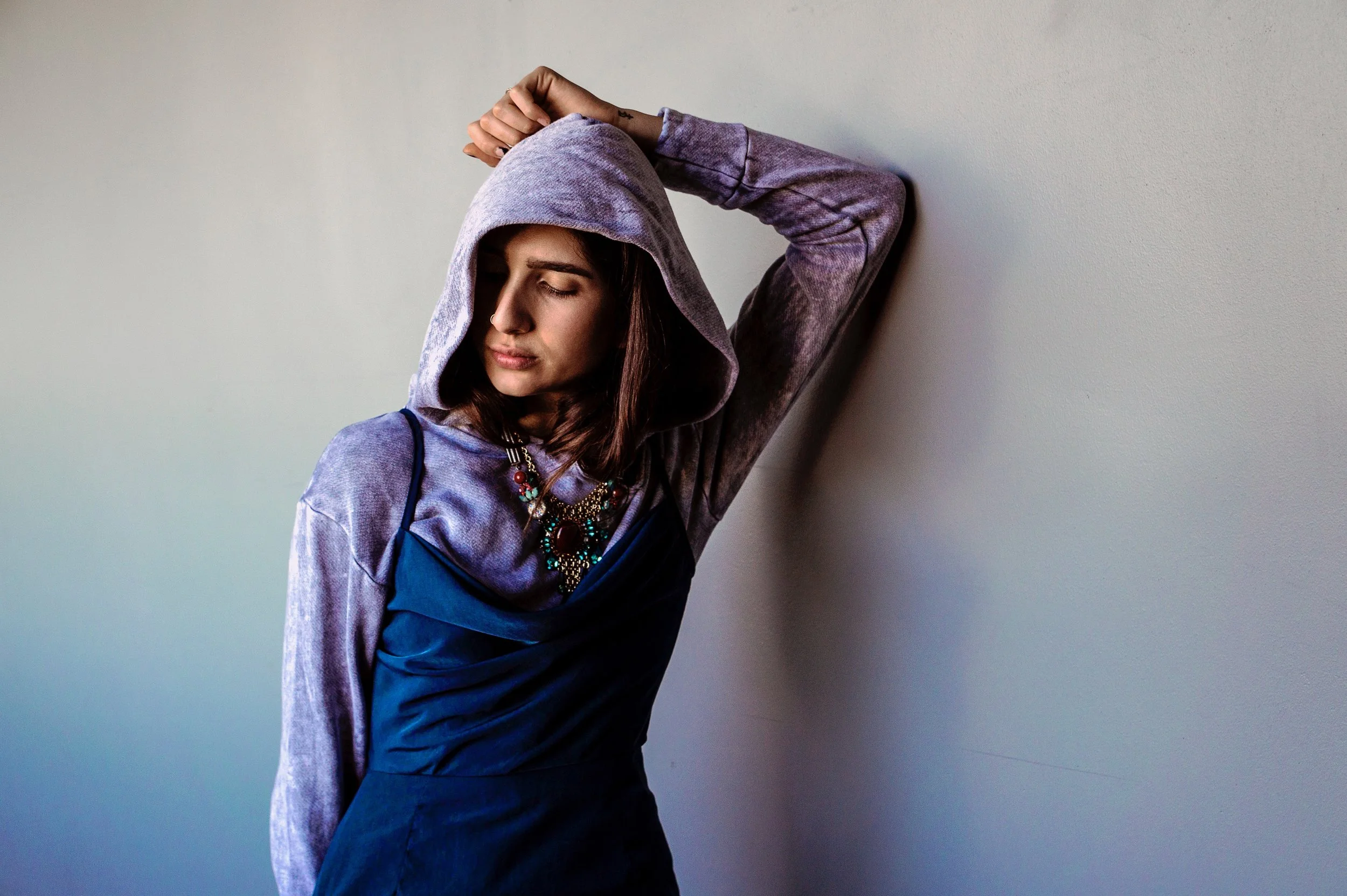 Nadia Shajari in Donna Mizani, Erickson Beamon, LNA and Aris Geldis. Shot by Sydney Easton for TAGS.