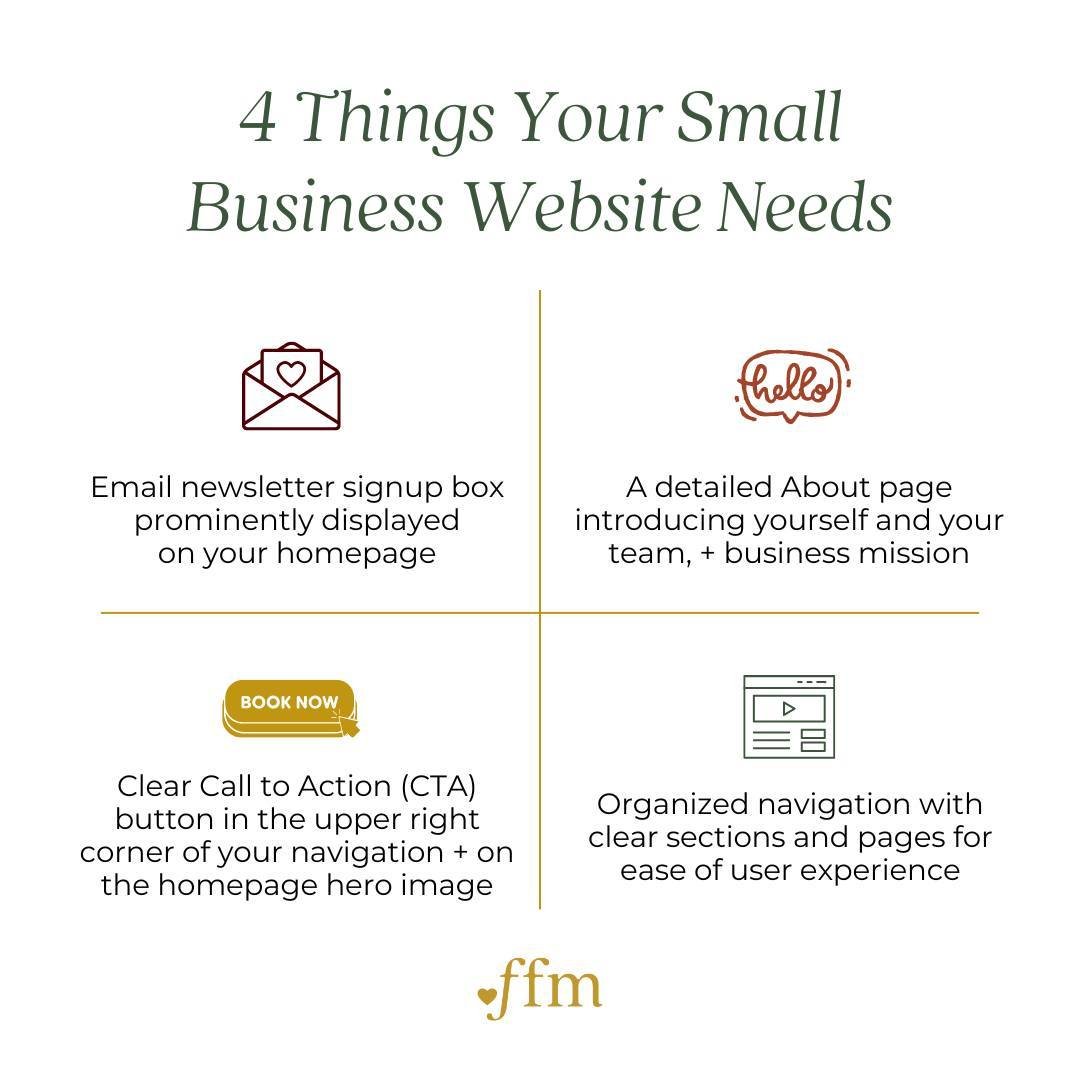 When it comes to your small business website, you should always be nailing the 4 following elements:⁠
⁠
✨ Email newsletter signup box prominently displayed on your homepage.⁠
⁠
✨ A detailed About page introducing yourself and your team, + business mi