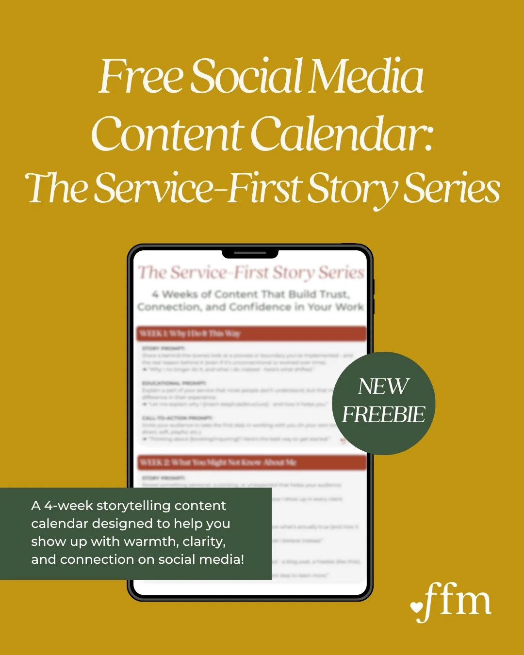 NEW freebie just dropped in the library! 👀⁠
⁠
✨ The Service-First Story Series ✨⁠
This 4-week content calendar gives you storytelling prompts, educational post ideas, and calls-to-action that help you build trust and show off your process - all with