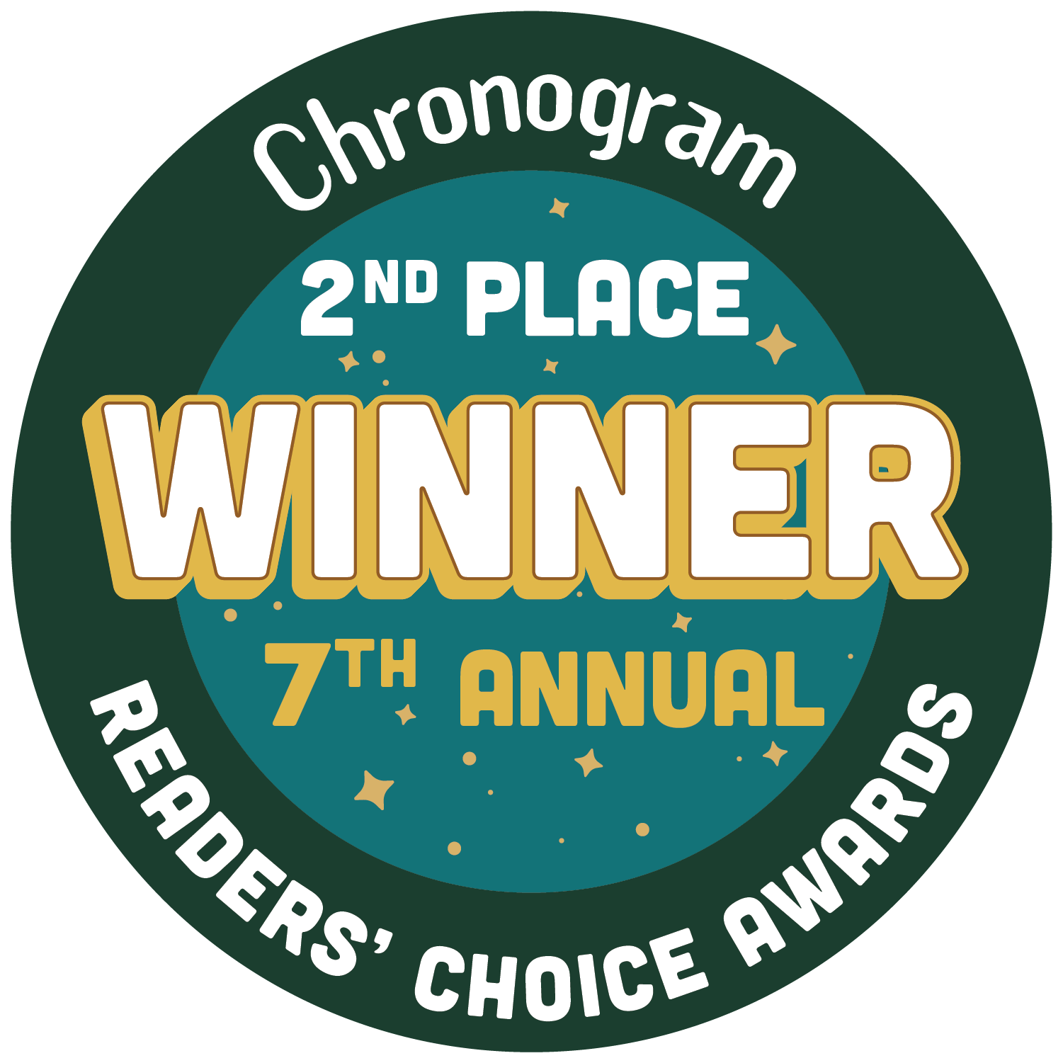 Circular badge with the text '2nd Place Winner 7th Annual' in large, bold font with a gold outline, surrounded by a dark green border that reads 'Researchers' Choice Awards' and other smaller words.