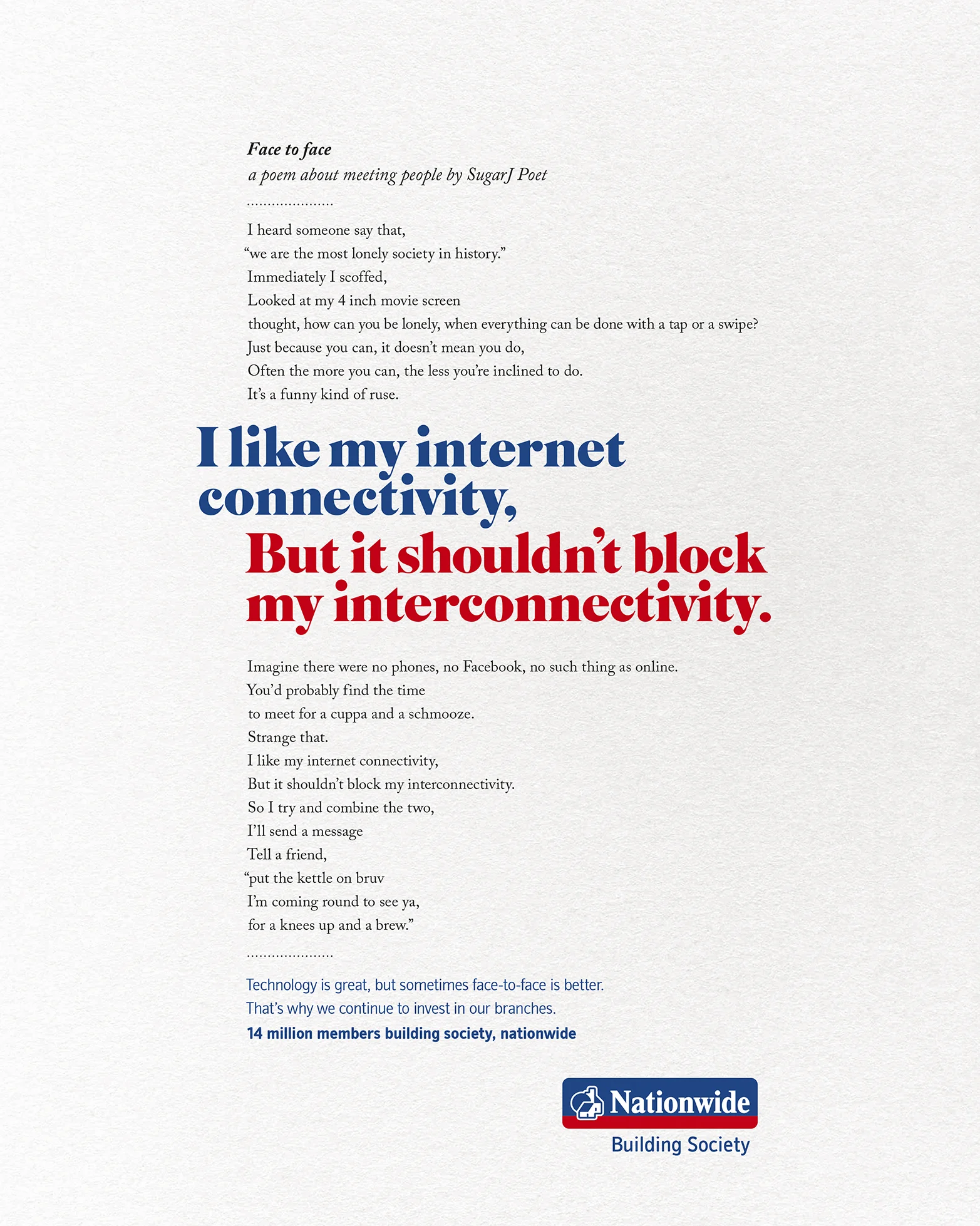 This ad discusses the theme of loneliness in a connected world – showing how Nationwide understands that, despite the benefits of digital technology, people still want to speak to each other face-to-face – underlining Nationwide’s commitment to continue to invest in branches and its people.