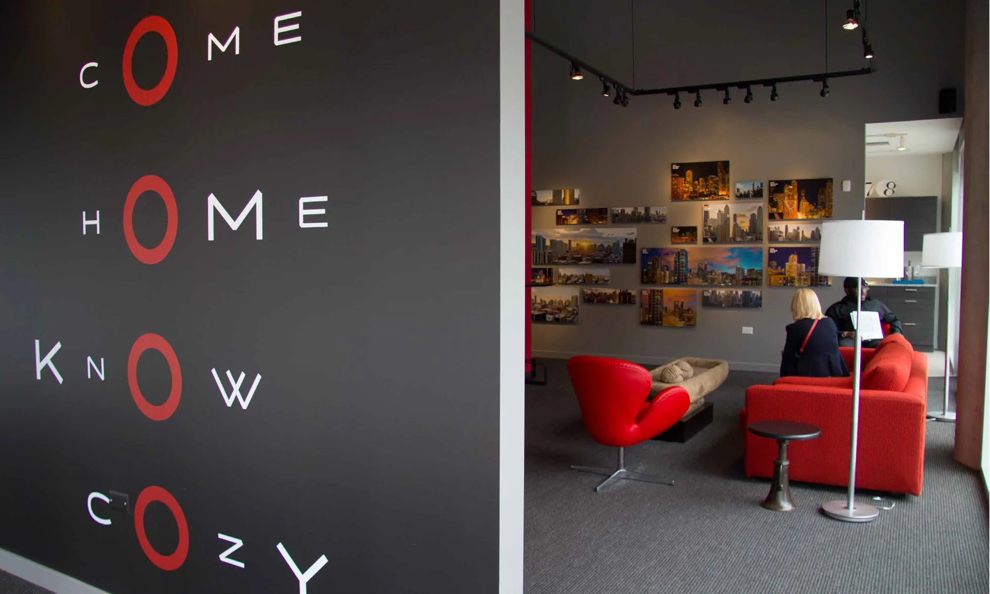 Interior graphics and elevation photos for a temporary leasing center