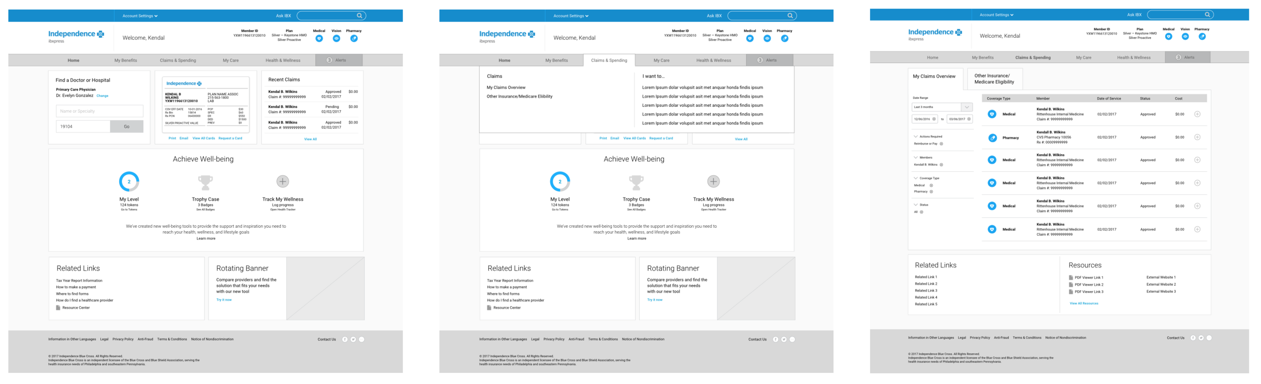 Home Page, Nav Overlay, and Claims Page