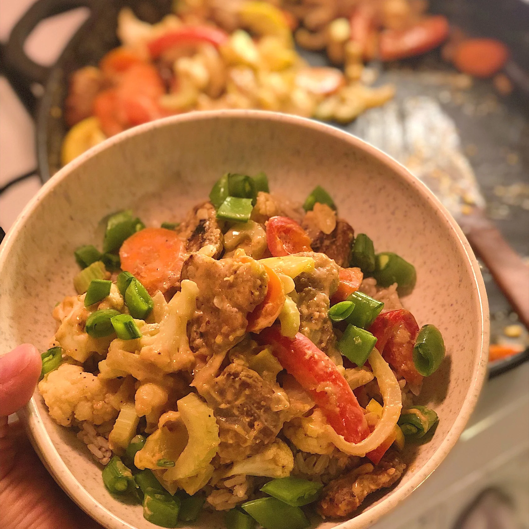 This recipe uses a product called “Just Like Chicken” Textured Vegetable Protein but is easily replaced with tofu, tempeh or other protein of choice.