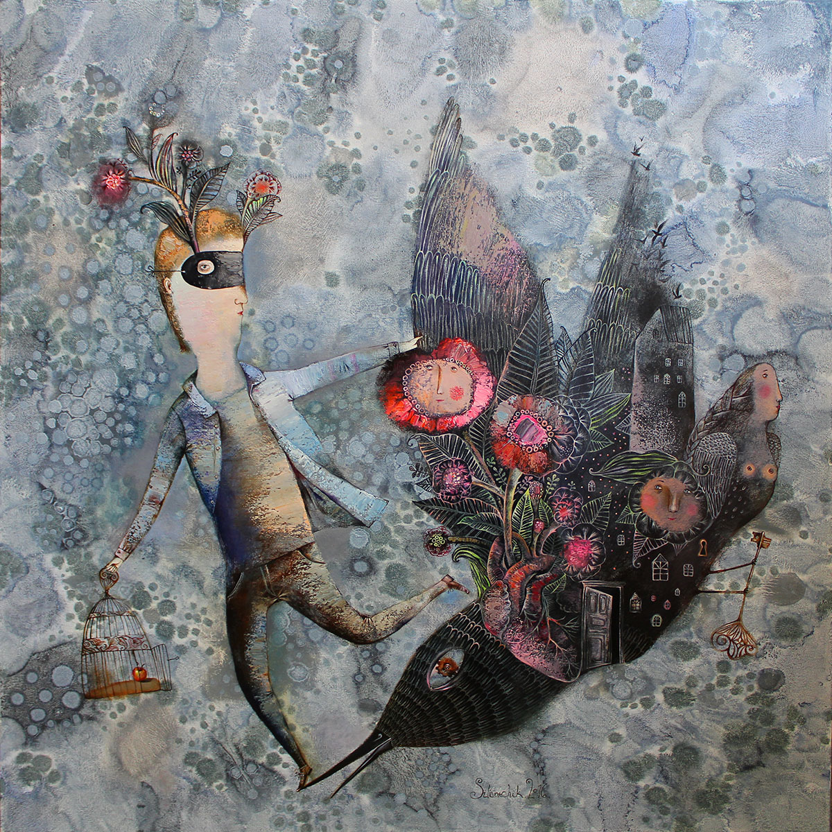 Lord of the Birds. (aka Birdcage Bird) Alice in Wonderland. 2016. 39 x 39 in. (100x100cm). Oil on canvas
