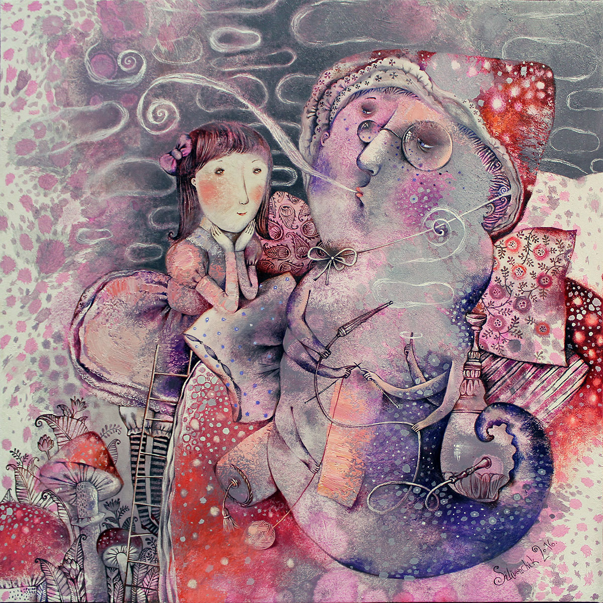 The other Side of the Mushroom. Alice in Wonderland.2016. 26 x 26 in. (65x65cm). Oil on canvas
