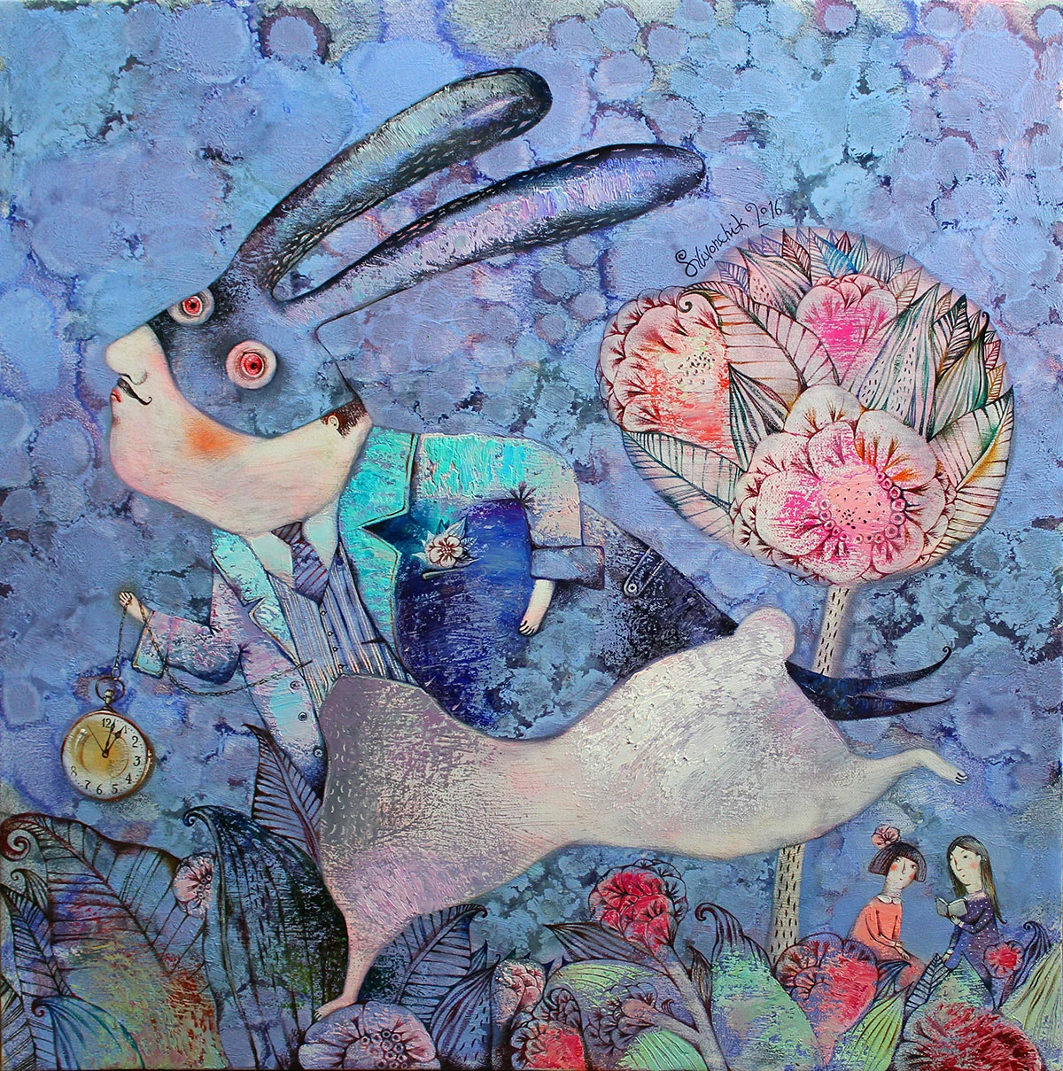 Alice in Wonderland. White Rabbit with Black Ears. 2016. 65x65cm. Oil on canvas