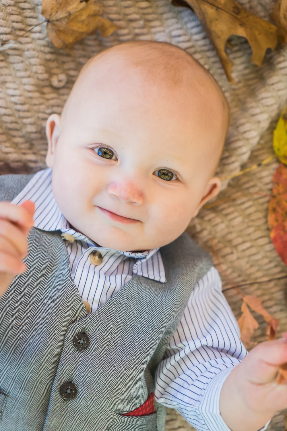 A photograph of a baby during a family portrait mini session in Forest Park. 